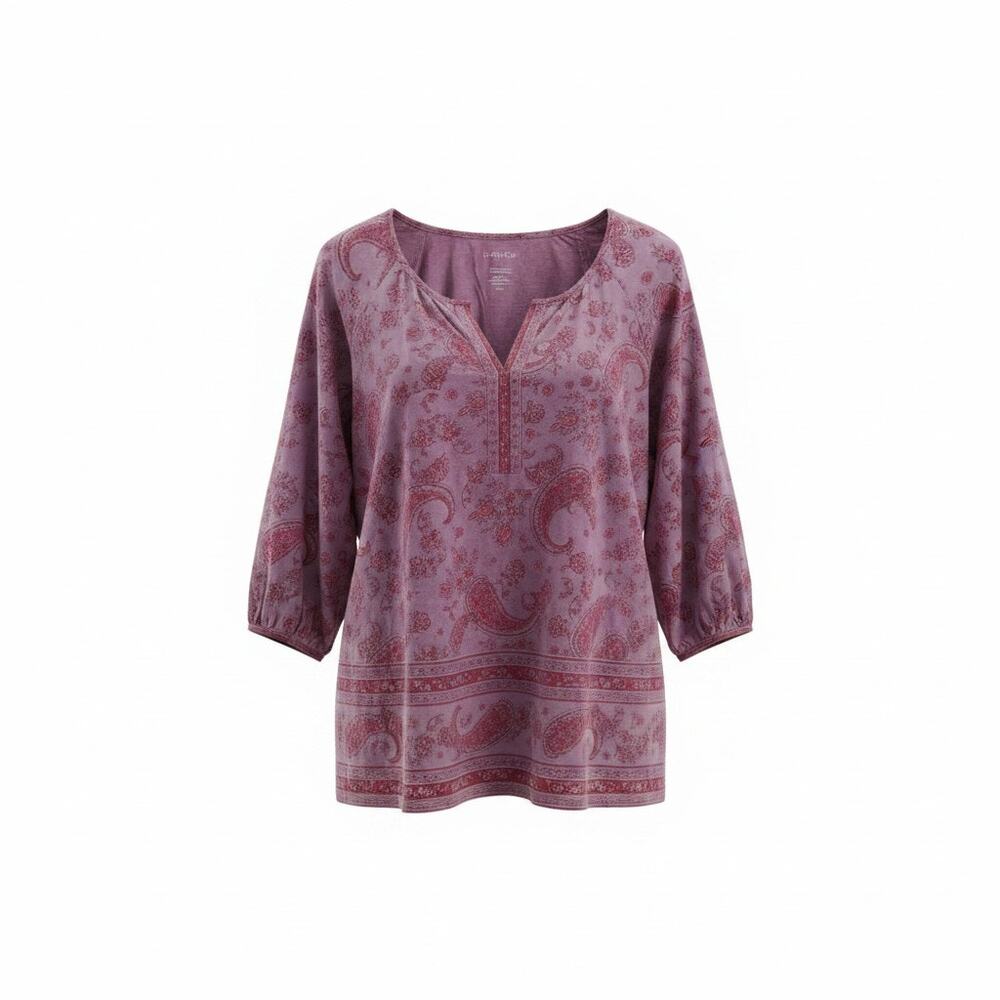 J. Jill Split Neck Border Printed Top Large PETITE LP Purple Cotton Paisley